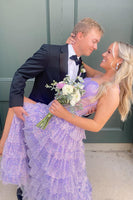Load image into Gallery viewer, Sparkly Lilac A Line Tiered Long Corset Prom Dress with Slit