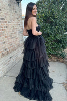Load image into Gallery viewer, Sparkly Black Floral Strapless Tiered Long Corset Prom Dress with Slit