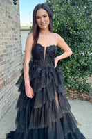 Load image into Gallery viewer, Sparkly Black Floral Strapless Tiered Long Corset Prom Dress with Slit