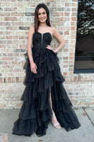 Load image into Gallery viewer, Sparkly Black Floral Strapless Tiered Long Corset Prom Dress with Slit