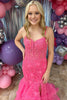 Load image into Gallery viewer, Floral Fuchsia Spaghetti Straps Tiered Long Corset Prom Dress with Slit