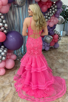 Floral Fuchsia Spaghetti Straps Tiered Long Corset Prom Dress with Slit