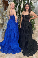 Load image into Gallery viewer, Sparkly Royal Blue Spaghetti Straps Tiered Long Corset Prom Dress with Slit