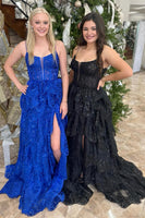 Load image into Gallery viewer, Sparkly Royal Blue Spaghetti Straps Tiered Long Corset Prom Dress with Slit