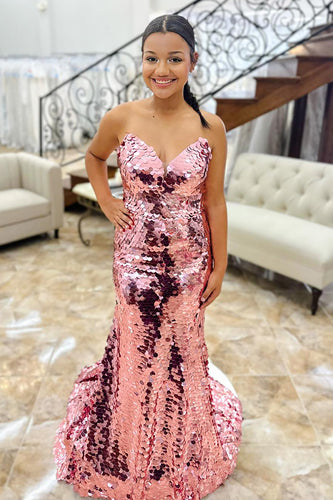 Sparkly Rose Gold Sequin Strapless Long Prom Dress