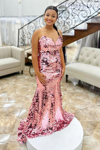 Sparkly Rose Gold Sequin Strapless Long Prom Dress
