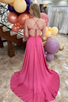Load image into Gallery viewer, Fuchsia Backless A Line V-Neck Long Prom Dress