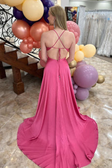 Fuchsia Backless A Line V-Neck Long Prom Dress
