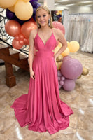 Load image into Gallery viewer, Fuchsia Backless A Line V-Neck Long Prom Dress