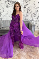 Load image into Gallery viewer, Sparkly Grape Sequin Side Cape Long Prom Jumpsuits