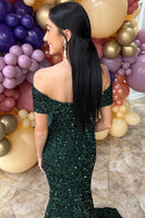 Load image into Gallery viewer, Sparkly Dark Green Sequin Off the Shoulder Long Prom Dress