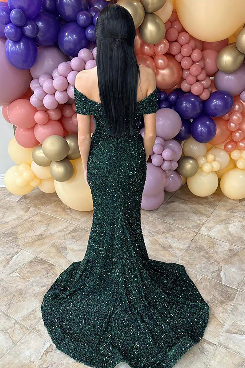 Load image into Gallery viewer, Sparkly Dark Green Sequin Off the Shoulder Long Prom Dress