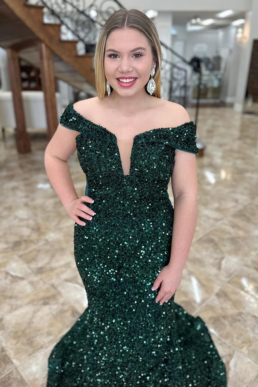 Sparkly Dark Green Sequin Off the Shoulder Long Prom Dress