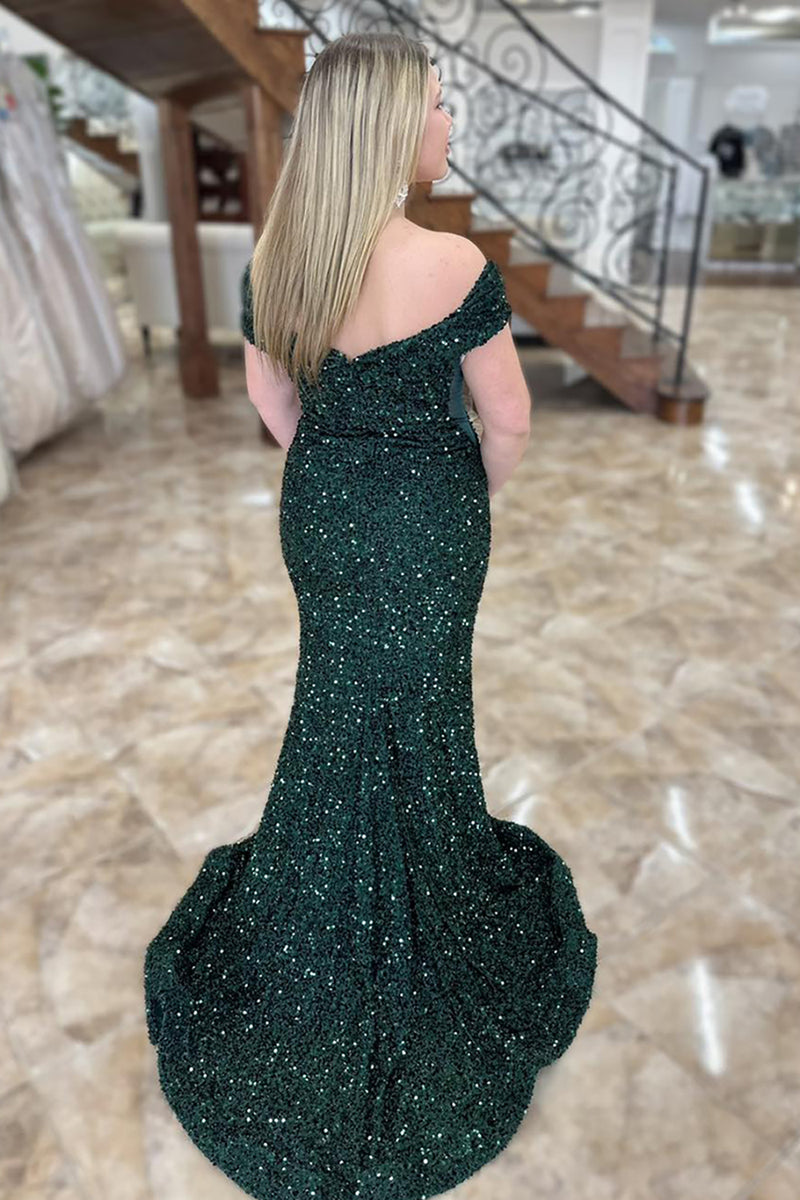 Load image into Gallery viewer, Sparkly Dark Green Sequin Off the Shoulder Long Prom Dress