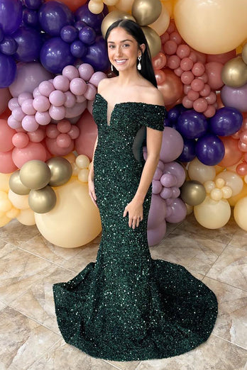 Sparkly Dark Green Sequin Off the Shoulder Long Prom Dress