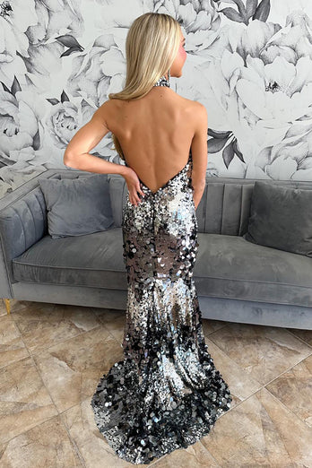 Sparkly Silver Halter Sequin Backless Long Prom Dress
