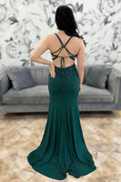 Load image into Gallery viewer, Sparkly Dark Green Beaded Backless Long Prom Dress with Slit