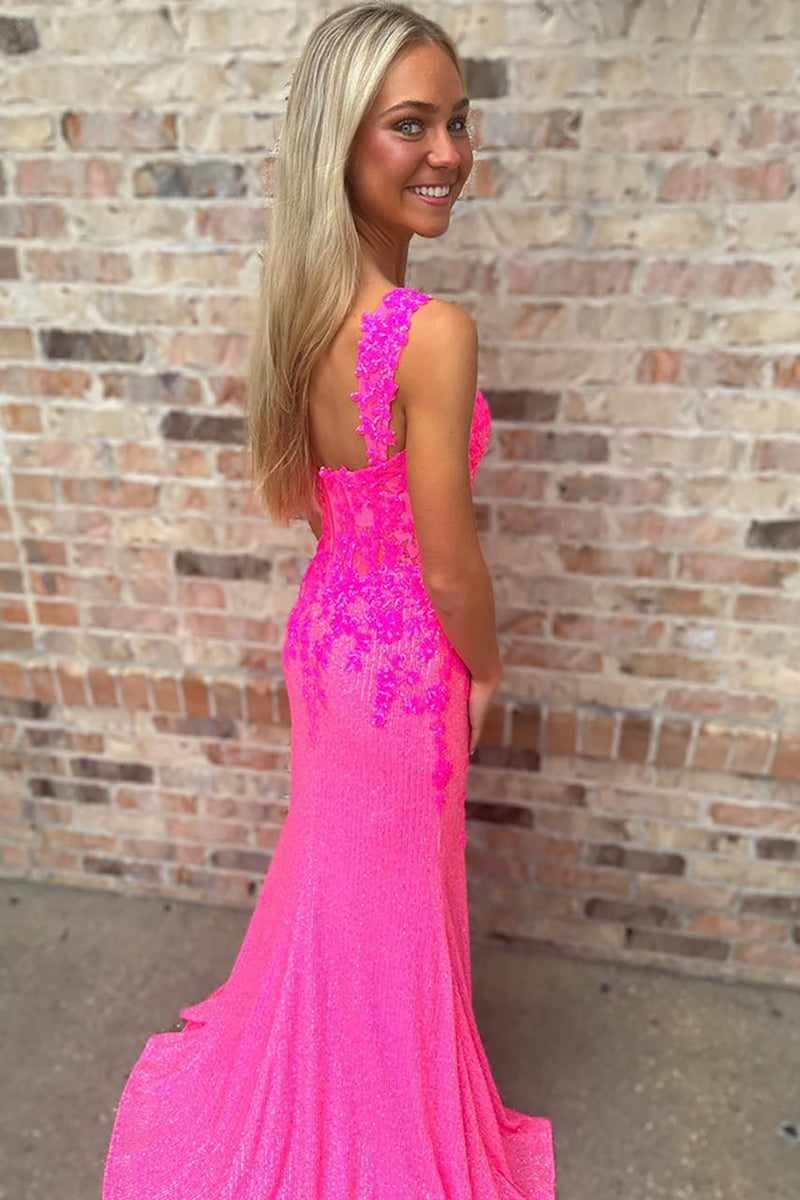 Load image into Gallery viewer, Sparkly Fuchsia Corset Floral Off the Shoulder Long Prom Dress with Slit