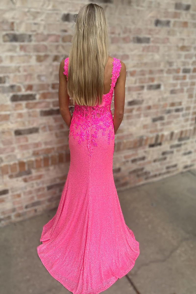 Load image into Gallery viewer, Sparkly Fuchsia Corset Floral Off the Shoulder Long Prom Dress with Slit