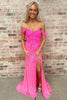 Load image into Gallery viewer, Sparkly Fuchsia Corset Floral Off the Shoulder Long Prom Dress with Slit