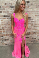 Load image into Gallery viewer, Sparkly Fuchsia Corset Floral Off the Shoulder Long Prom Dress with Slit