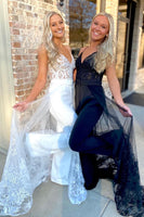 Load image into Gallery viewer, Black Corset Spaghetti Straps V-Neck Long Prom Jumpsuit with Lace