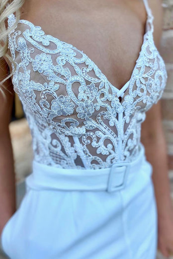 Black Corset Spaghetti Straps V-Neck Long Prom Jumpsuit with Lace