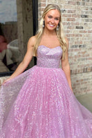 Load image into Gallery viewer, Saprkly Pink Sequin Sweetheart Strapless Long Prom Dress