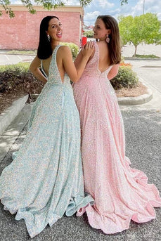 Sparkly Pink A Line V-Neck Sequin Long Prom Dress
