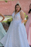 Load image into Gallery viewer, Sparkly Pink A Line V-Neck Sequin Long Prom Dress