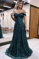 Load image into Gallery viewer, Sparkly Dark Green Floral Off the Shoulder Long Prom Dress