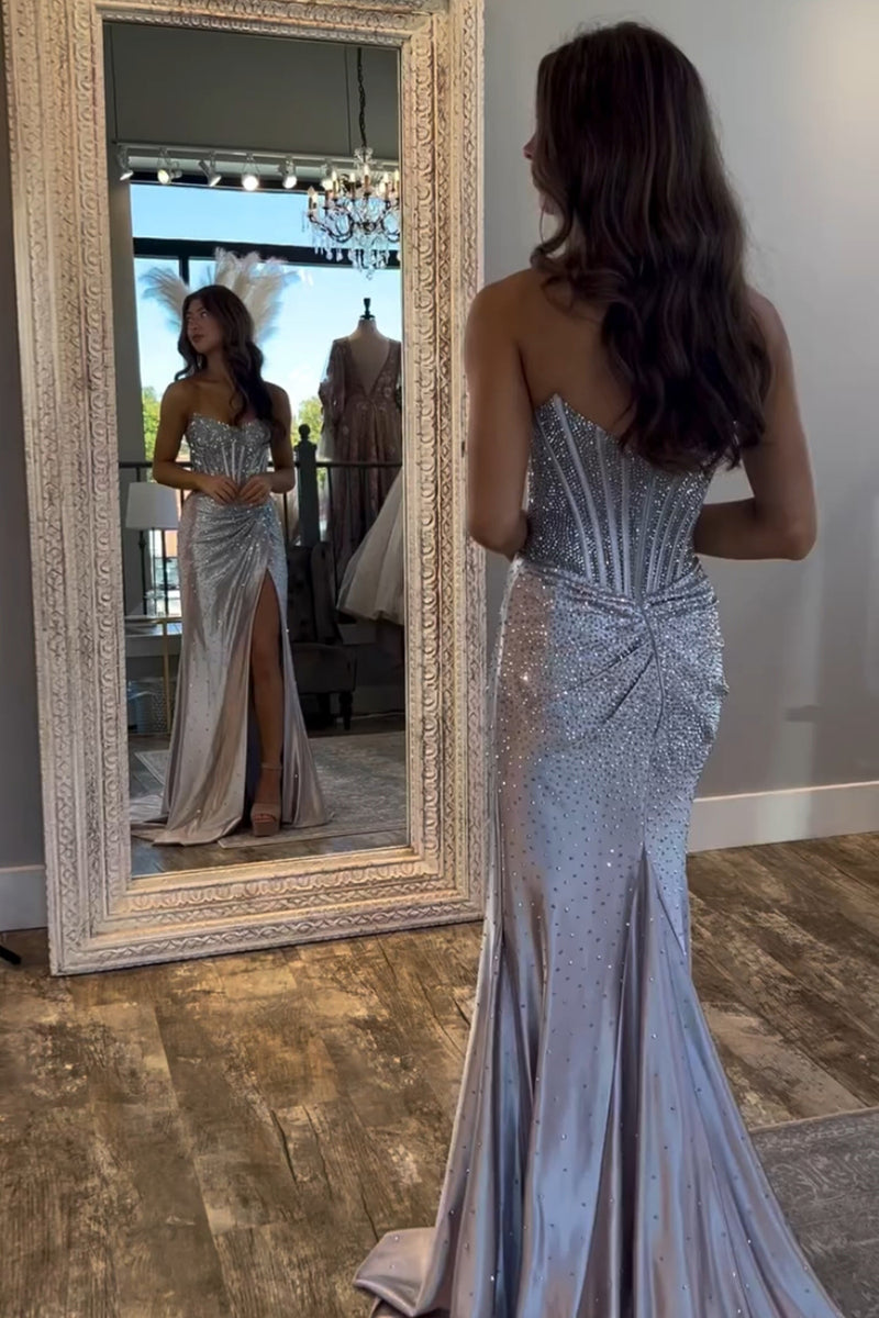 Load image into Gallery viewer, Sparkly Golden Beaded Corset Strapless Long Prom Dress with Slit