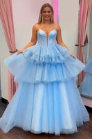Load image into Gallery viewer, Princess Blue Corset A Line Tiered Long Prom Dress