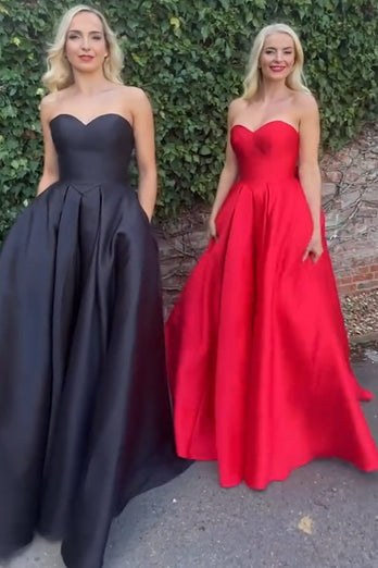 Elegant Red A Line Satin Long Prom Dress with Bow