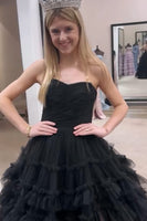 Load image into Gallery viewer, Black A Line Tiered Strapless Long Prom Dress
