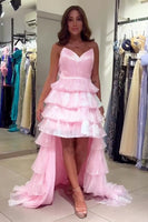 Load image into Gallery viewer, Pink Strapless Tiered High Low Long Prom Dress