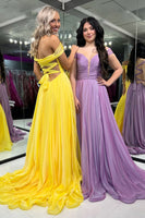 Load image into Gallery viewer, Yellow Off the Shoulder A-Line Ruched Long Prom Dress