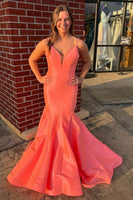 Load image into Gallery viewer, Orange Spaghetti Straps Mermaid Backless Long Satin Prom Dress