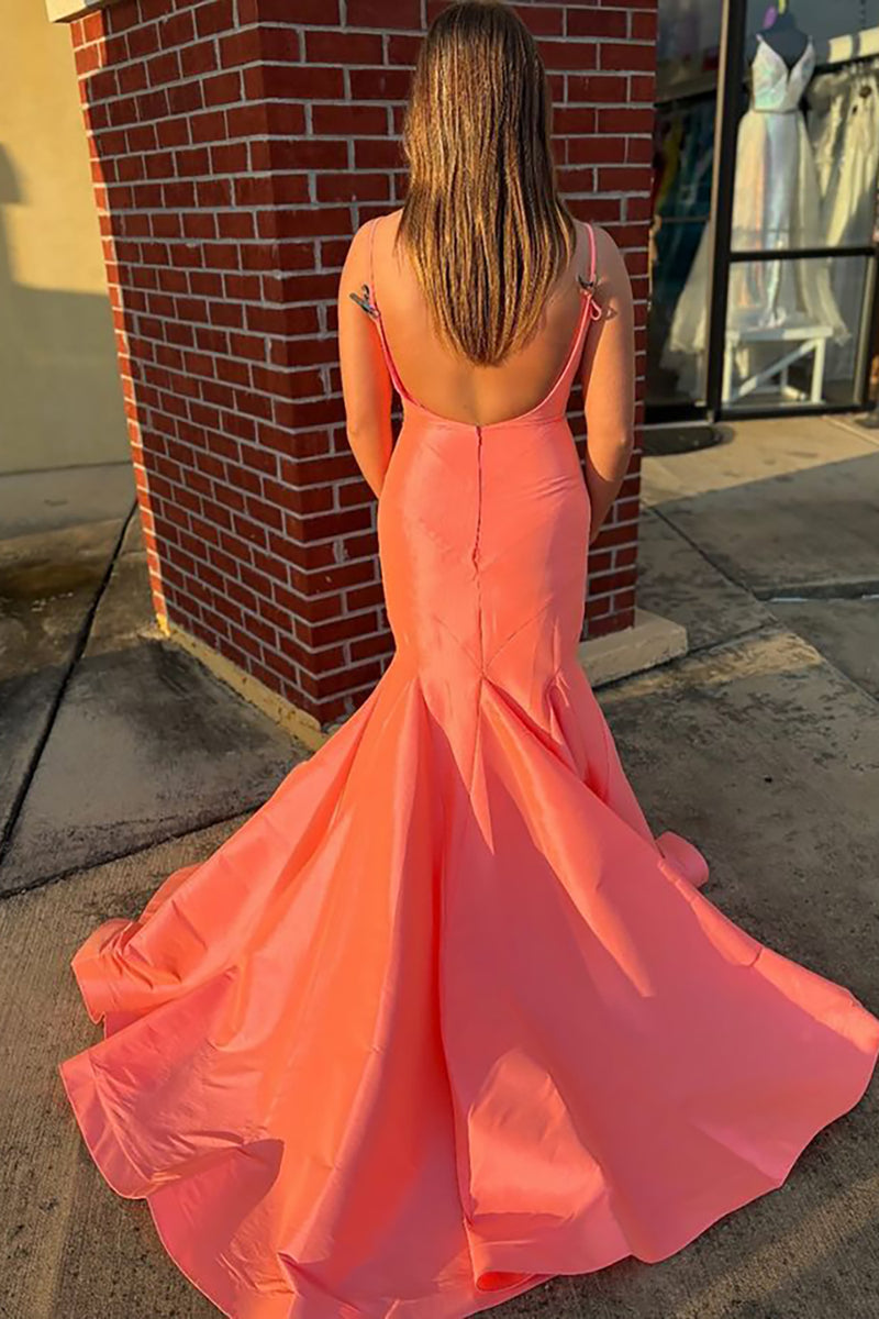 Load image into Gallery viewer, Orange Spaghetti Straps Mermaid Backless Long Satin Prom Dress