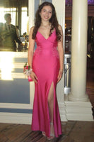 Load image into Gallery viewer, Fuchsia Spaghetti Straps Appliqued Long Prom Dress with Slit