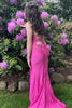 Load image into Gallery viewer, Fuchsia Spaghetti Straps Appliqued Long Prom Dress with Slit