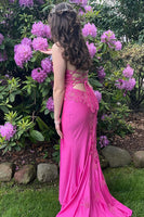 Load image into Gallery viewer, Fuchsia Spaghetti Straps Appliqued Long Prom Dress with Slit