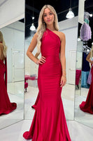 Load image into Gallery viewer, Red Mermaid One Shoulder Satin Long Prom Dress