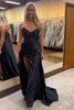 Load image into Gallery viewer, Black Strapless Ruched Long Satin Prom Dress with Slit