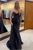 Load image into Gallery viewer, Black Strapless Ruched Long Satin Prom Dress with Slit