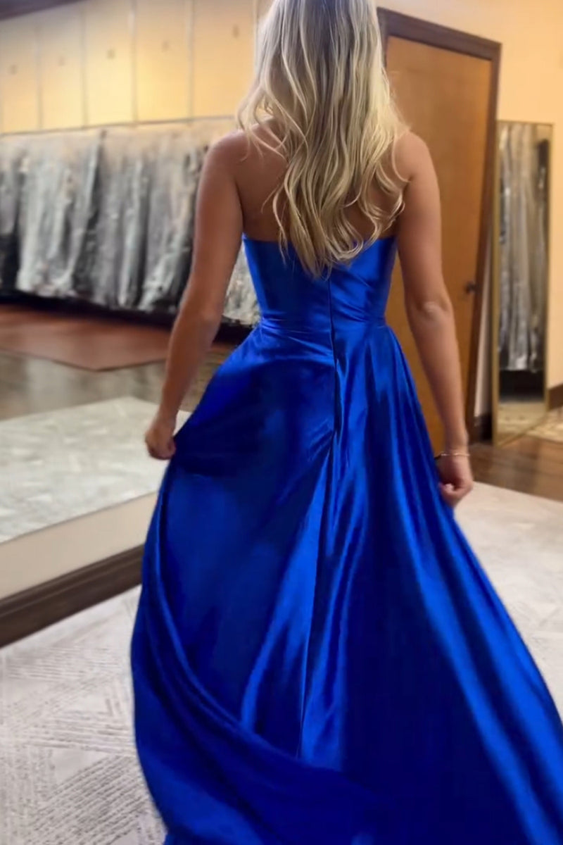 Load image into Gallery viewer, Black Strapless Ruched Long Satin Prom Dress with Slit