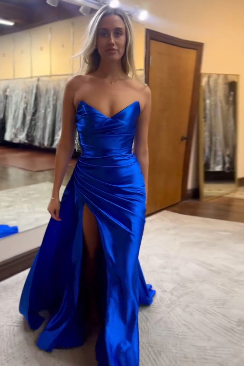 Load image into Gallery viewer, Black Strapless Ruched Long Satin Prom Dress with Slit