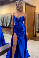 Load image into Gallery viewer, Black Strapless Ruched Long Satin Prom Dress with Slit