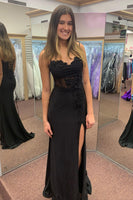 Load image into Gallery viewer, Sparkly Black Corset Spaghetti Straps Long Prom Dress with Slit