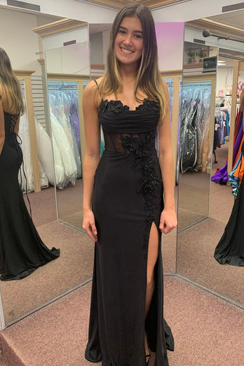Sparkly Black Corset Spaghetti Straps Long Prom Dress with Slit